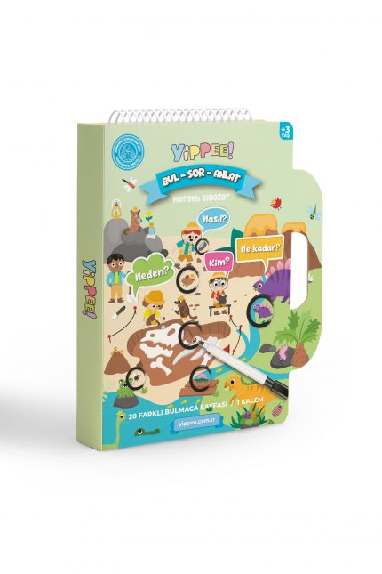 Bul-Sor-Anlat Meraklı Dinazor - 3 Seviyeli Eğitici Bulmaca Oyunu + Silinebilir Kalem